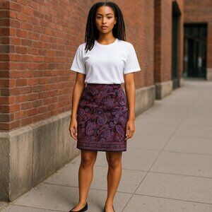 Talbots Womens Paisley Pencil Skirt Purple Blue Above Knee Colorful Size 10